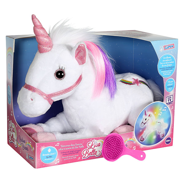 Einhorn 35cm mit Licht & Sound farbigen Haarsträhnen und Kamm