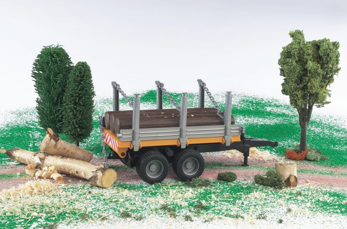 Holztransportanhänger rot mit 3 Baumstämmen im Beutel