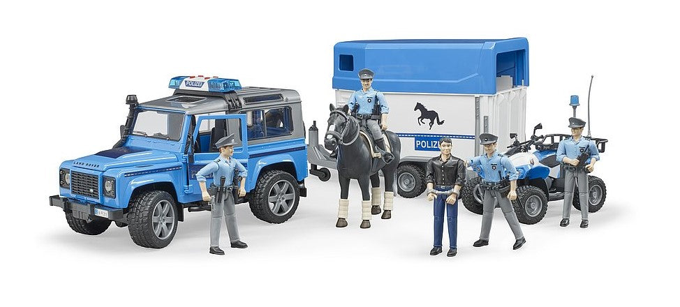 Land Rover Defender Polizeifahrzeug mit Pferdeanhänger