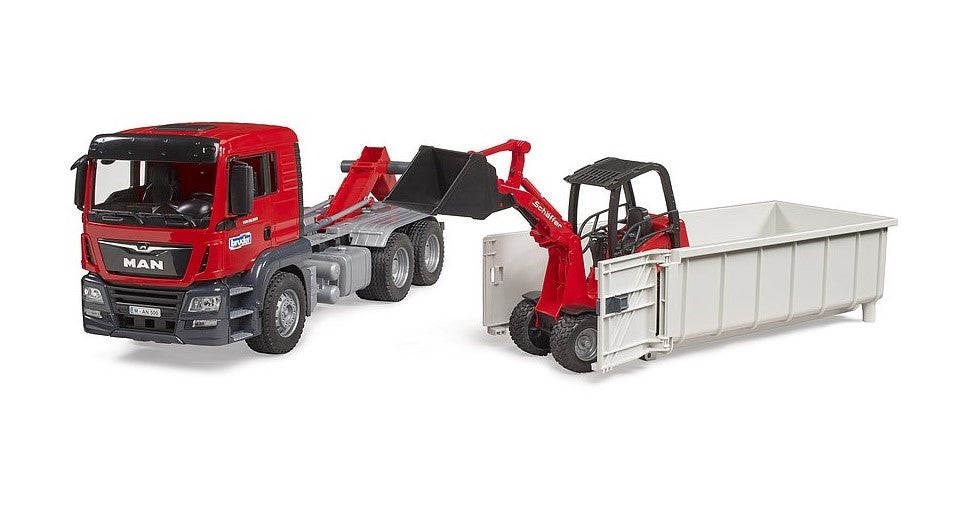 MAN TGS LKW mit Abrollcontainer und Schäffer Hoflader 2630