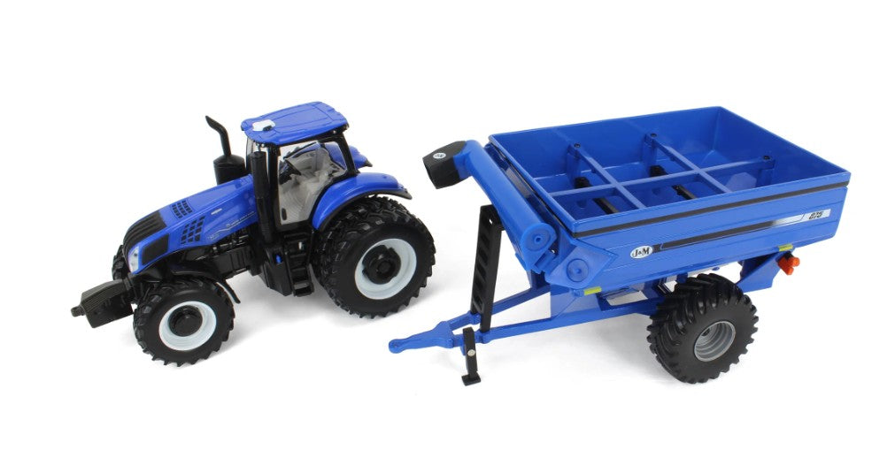 New Holland Genesis T8.355 Traktor mit J&M Getreideanhänger