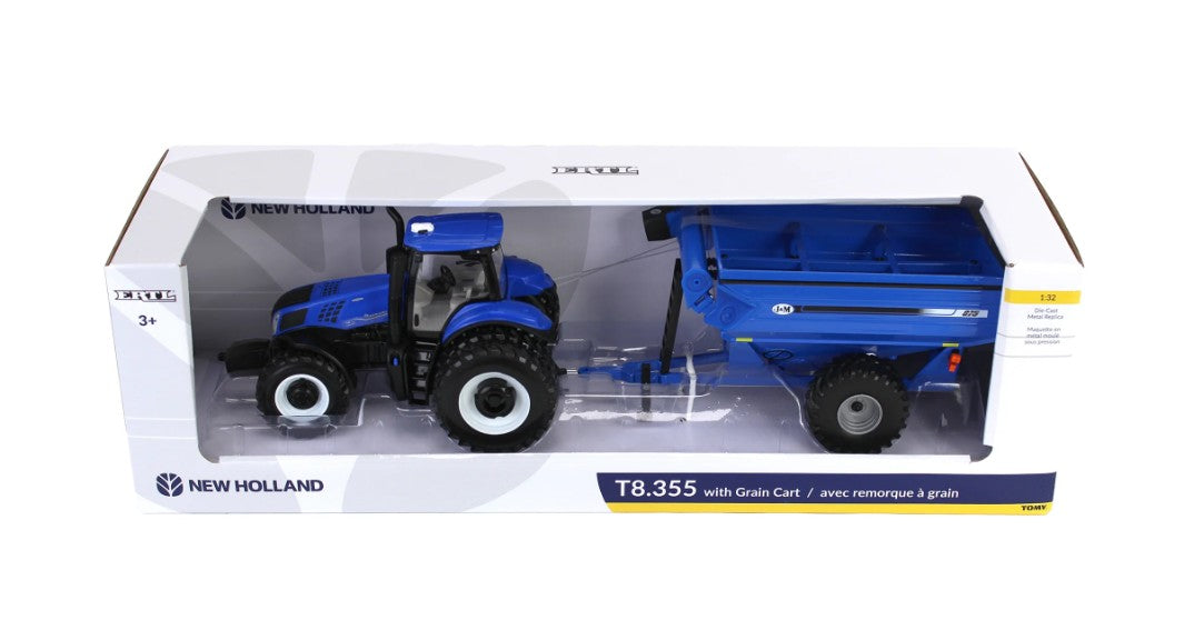 New Holland Genesis T8.355 Traktor mit J&M Getreideanhänger