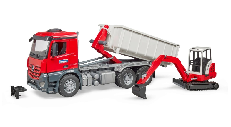 MB Arocs LKW mit Abrollcontainer und Schaeff HR 16 Minibagger