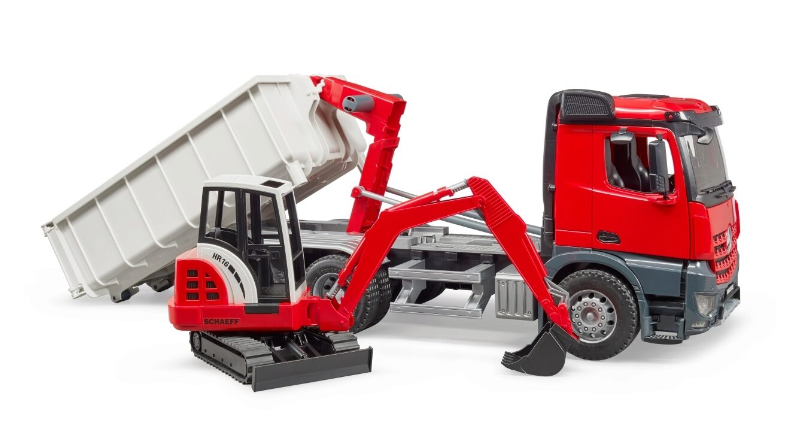 MB Arocs LKW mit Abrollcontainer und Schaeff HR 16 Minibagger