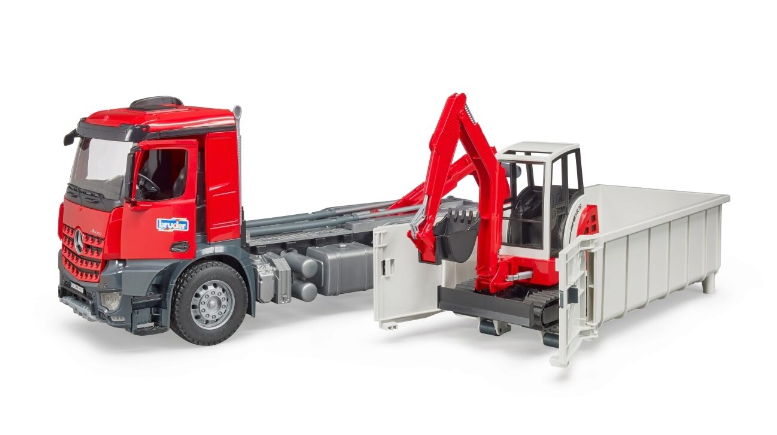 MB Arocs LKW mit Abrollcontainer und Schaeff HR 16 Minibagger