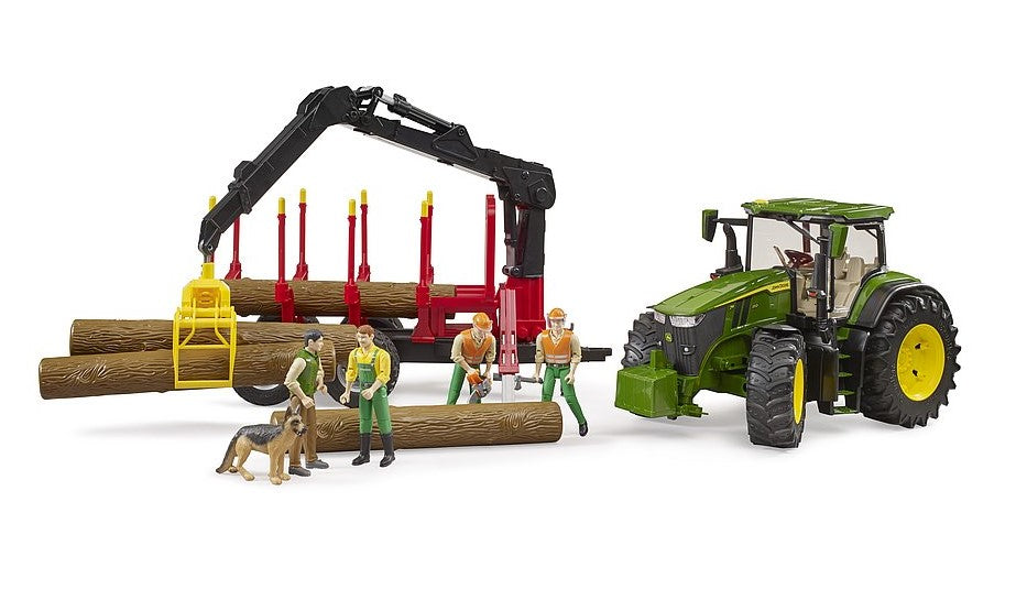 John Deere 7R 350 mit Rückeanhänger und 4 Baumstämmen