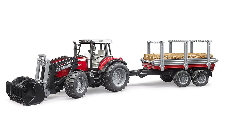 Massey Ferguson 7480 mit Frontlader und Holztransportanhänger