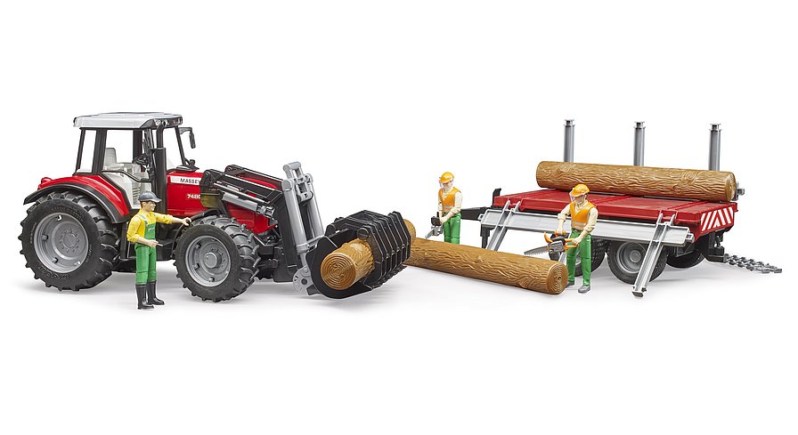 Massey Ferguson 7480 mit Frontlader und Holztransportanhänger