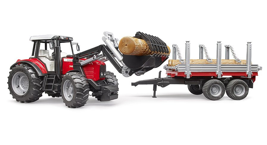 Massey Ferguson 7480 mit Frontlader und Holztransportanhänger