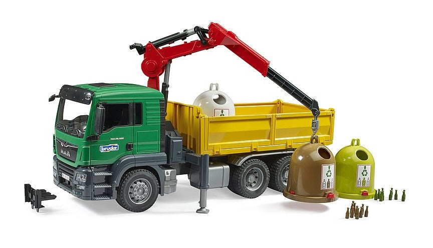 MAN TGS Kran-LKW mit 3 Altglascontainern und Flaschen