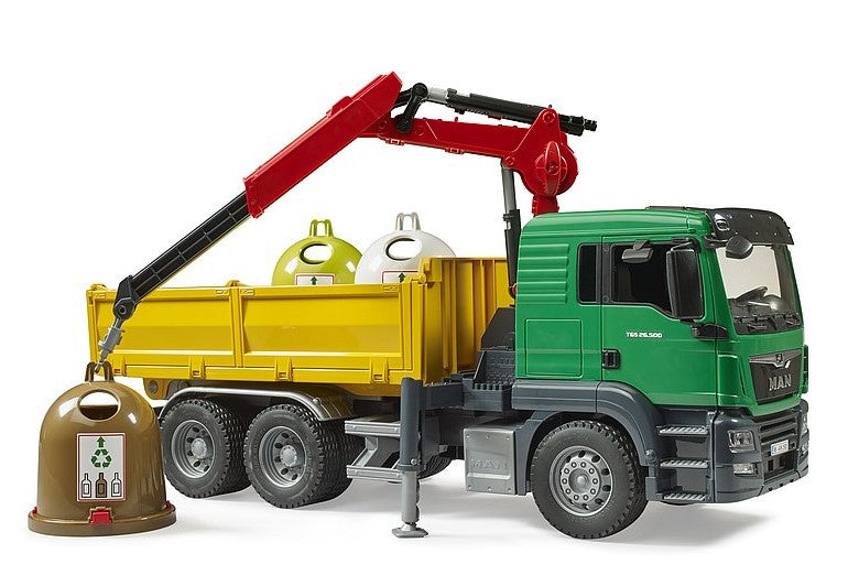 MAN TGS Kran-LKW mit 3 Altglascontainern und Flaschen