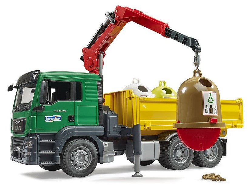 MAN TGS Kran-LKW mit 3 Altglascontainern und Flaschen