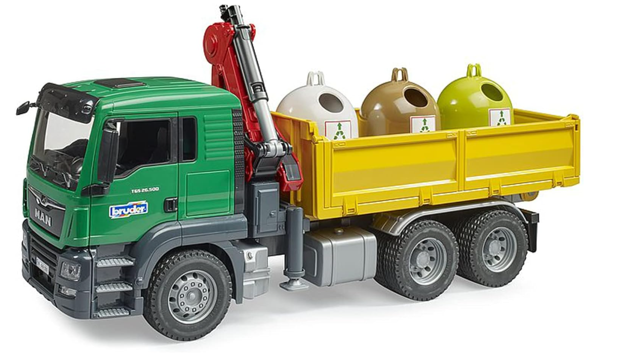 MAN TGS Kran-LKW mit 3 Altglascontainern und Flaschen