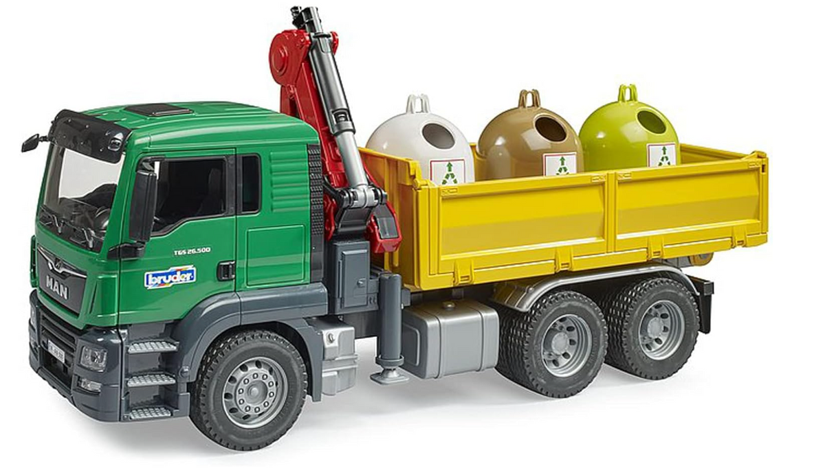 MAN TGS Kran-LKW mit 3 Altglascontainern und Flaschen
