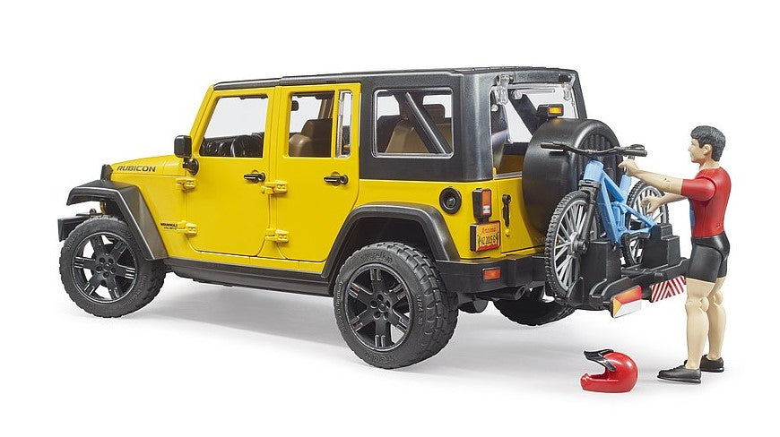 Jeep Wrangler Rubicon Unlimited mit Mountainbike und Radfahrer
