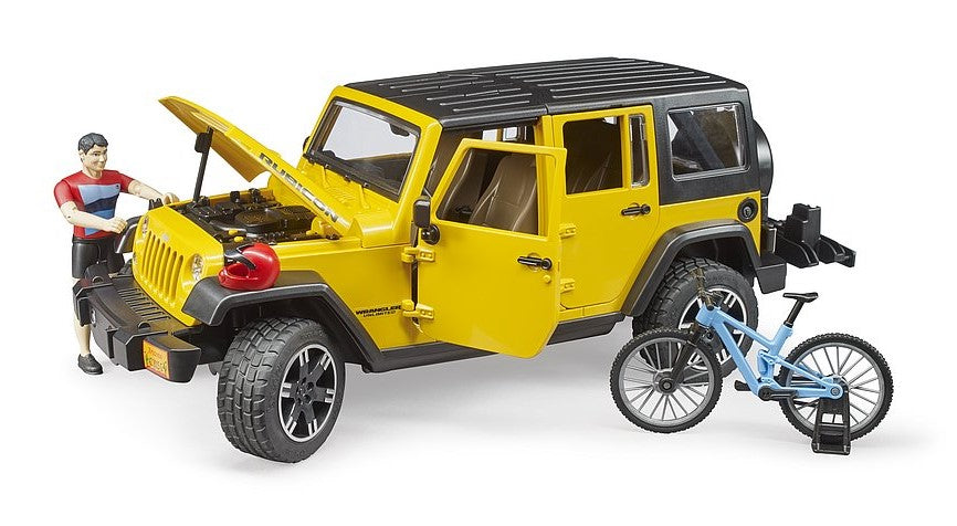 Jeep Wrangler Rubicon Unlimited mit Mountainbike und Radfahrer