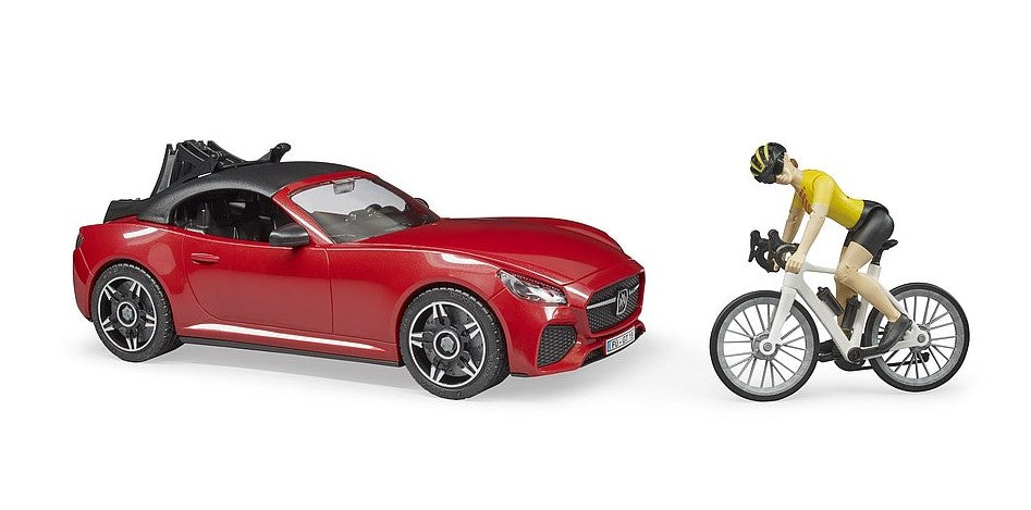 Bruder Roadster mit Rennrad und Radfahrerin