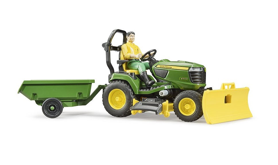 John Deere Aufsitzrasenmäher mit Anhänger und Gärtner