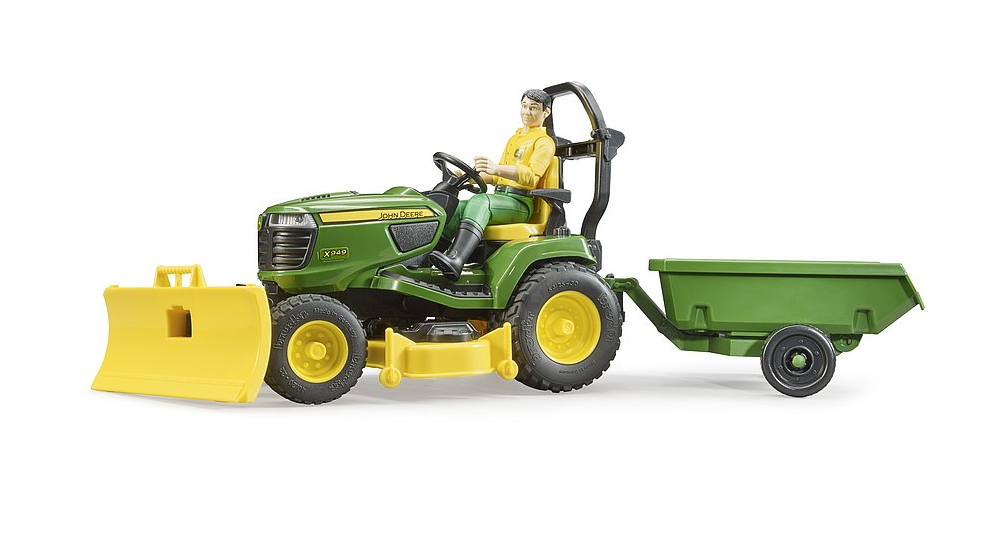 John Deere Aufsitzrasenmäher mit Anhänger und Gärtner