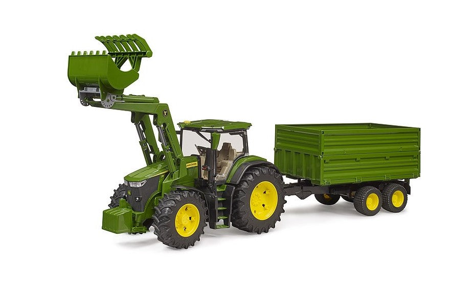 John Deere 7R 350 mit Frontlader und Tandemachstransportanhänger