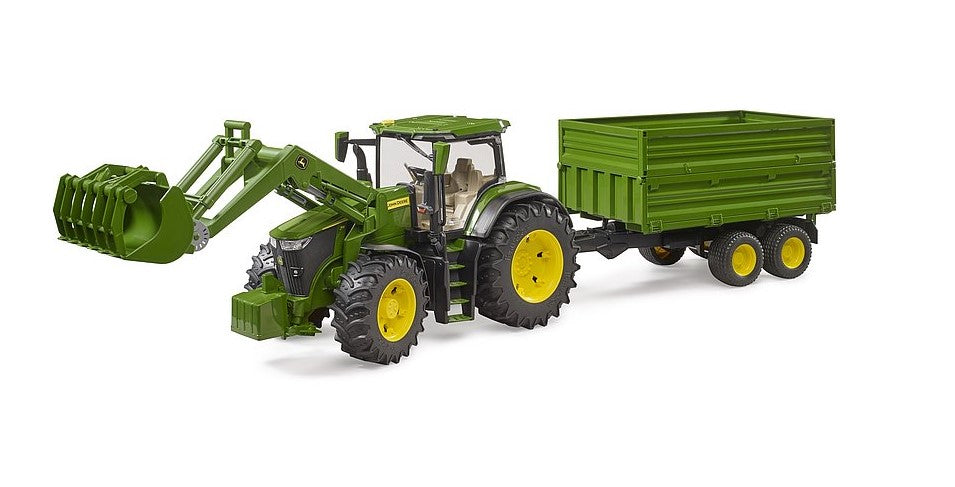 John Deere 7R 350 mit Frontlader und Tandemachstransportanhänger