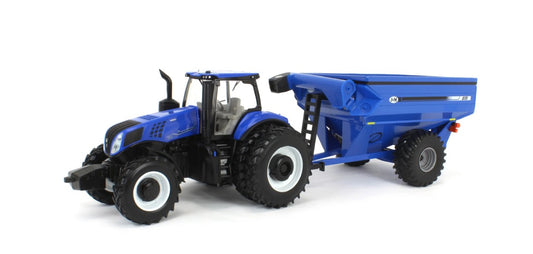 New Holland Genesis T8.355 Traktor mit J&M Getreideanhänger