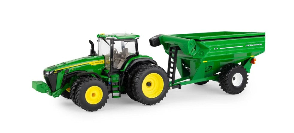 John Deere 8R 340 Traktor mit JM 875 Ueberladewagen