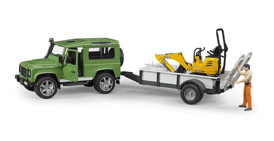 Land Rover Defender m. Einachsanhänger JCB Mikrobagger 8010CTS und Figur