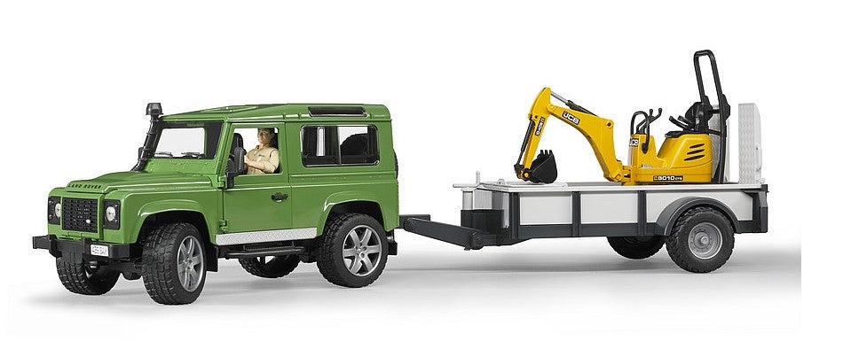 Land Rover Defender m. Einachsanhänger JCB Mikrobagger 8010CTS und Figur