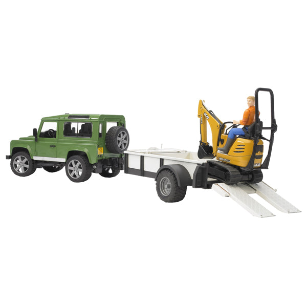 Land Rover Defender m. Einachsanhänger JCB Mikrobagger 8010CTS und Figur