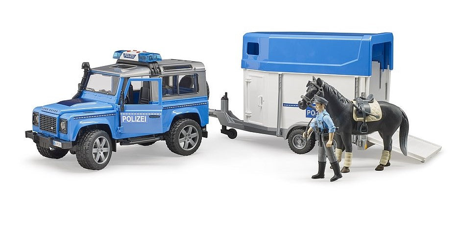 Land Rover Defender Polizeifahrzeug mit Pferdeanhänger