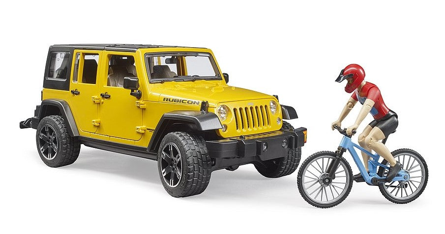 Jeep Wrangler Rubicon Unlimited mit Mountainbike und Radfahrer